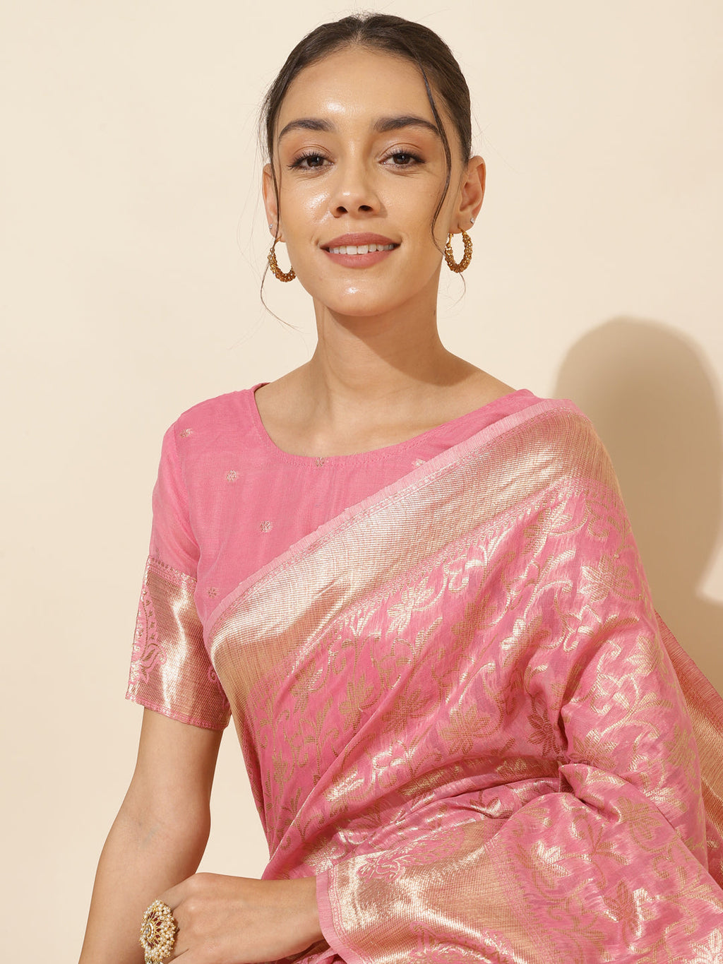 Janasya Light Pink Chanderi Silk Floral Woven Design Saree - Distacart
