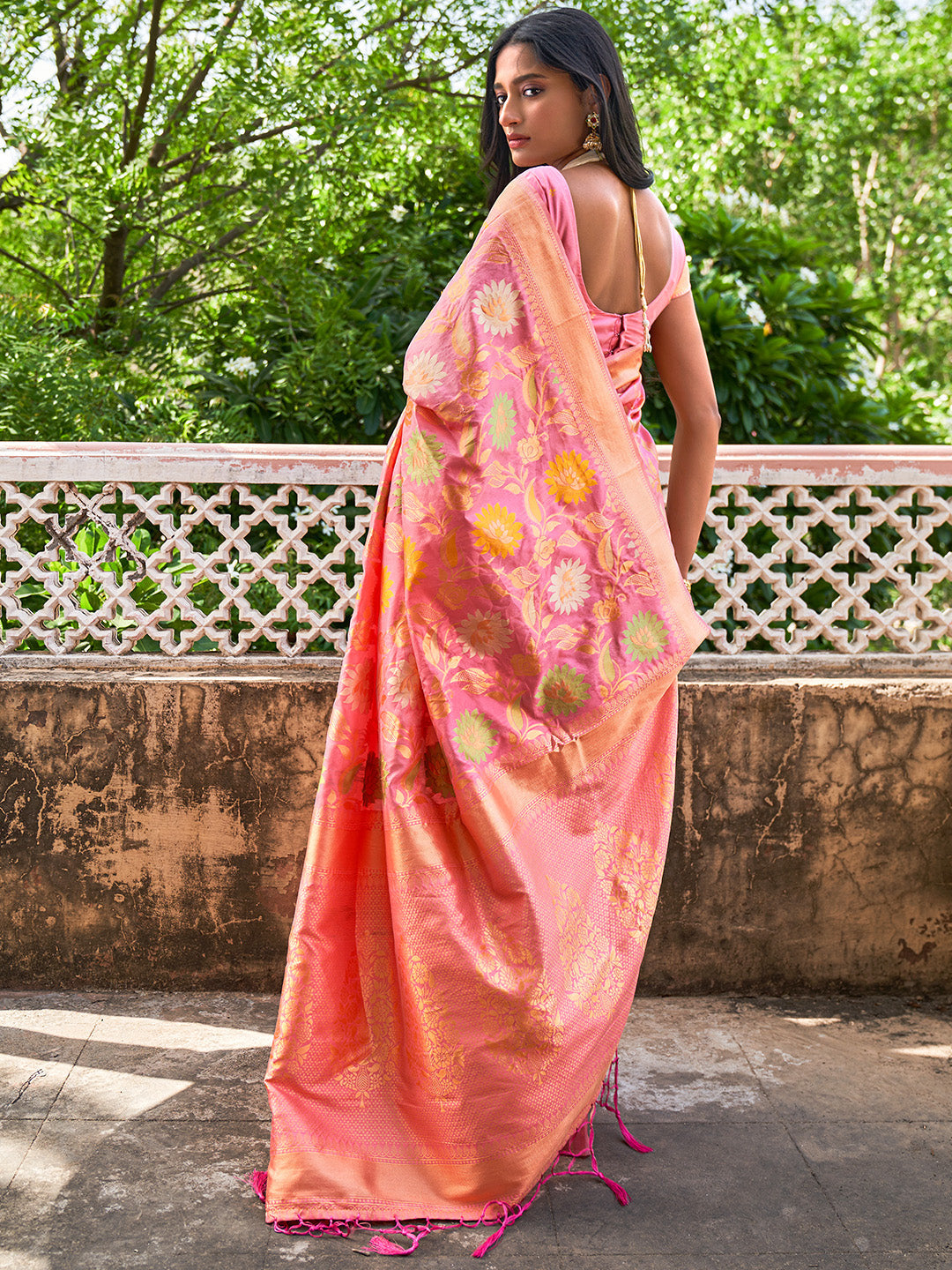Janasya Light Pink Banarasi Silk Woven Floral Design Banarasi Saree - Distacart