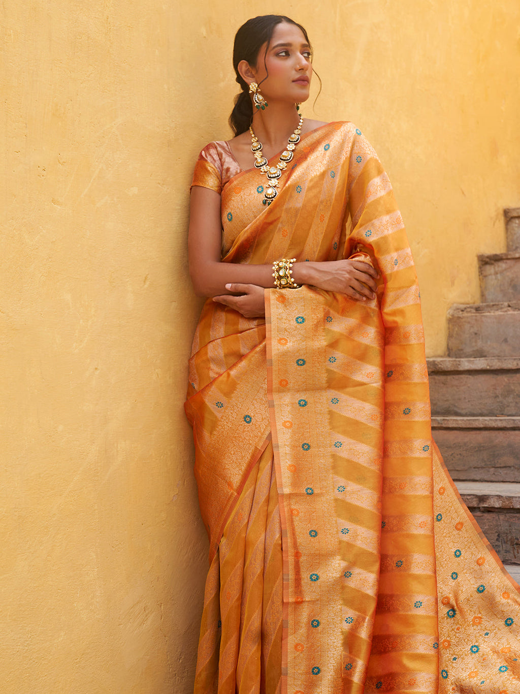 Janasya Yellow Organza Woven Leheriya Kanjeevaram Saree - Distacart
