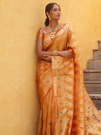 Janasya Yellow Organza Woven Leheriya Kanjeevaram Saree - Distacart
