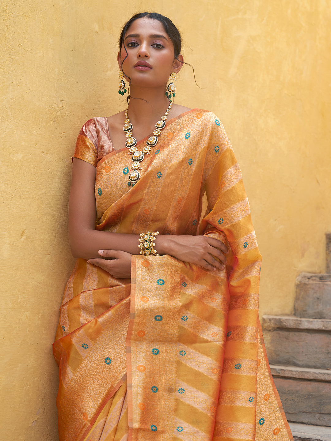 Janasya Yellow Organza Woven Leheriya Kanjeevaram Saree - Distacart