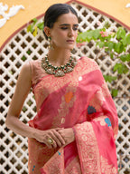 Janasya Pink Organza Woven Leheriya Kanjeevaram Saree - Distacart