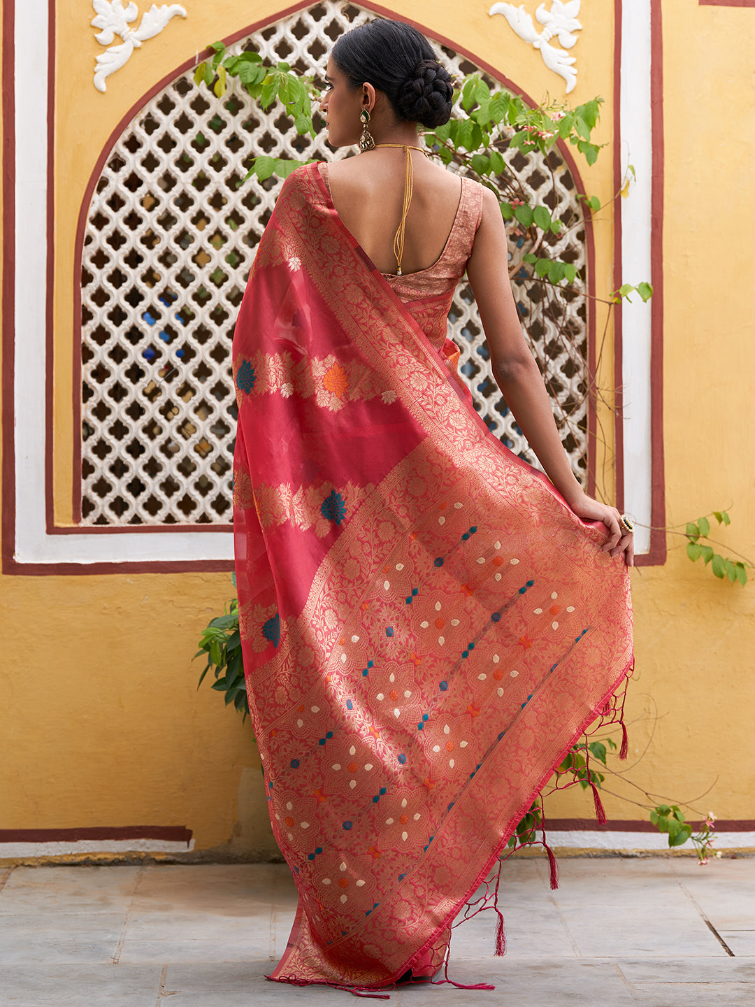 Janasya Pink Organza Woven Leheriya Kanjeevaram Saree - Distacart