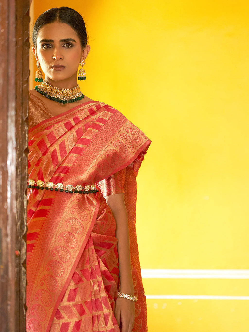 Janasya Pink Organza Woven Geometric Design Kanjeevaram Saree - Distacart