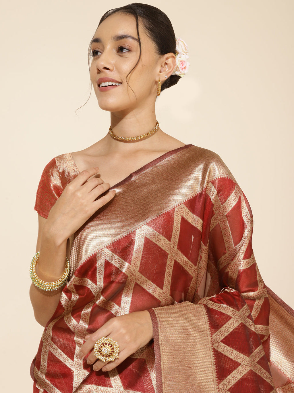 Janasya Maroon Organza Floral Saree - Distacart