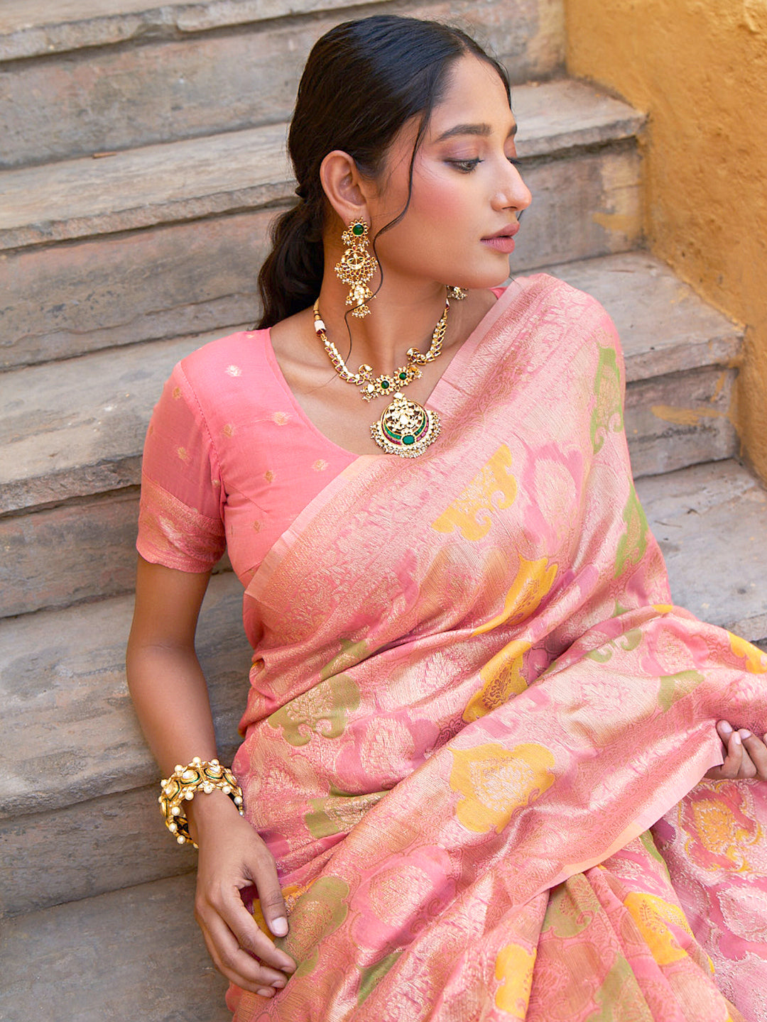 Janasya Light Pink Chanderi Silk Ethnic Motifs Woven Design Saree