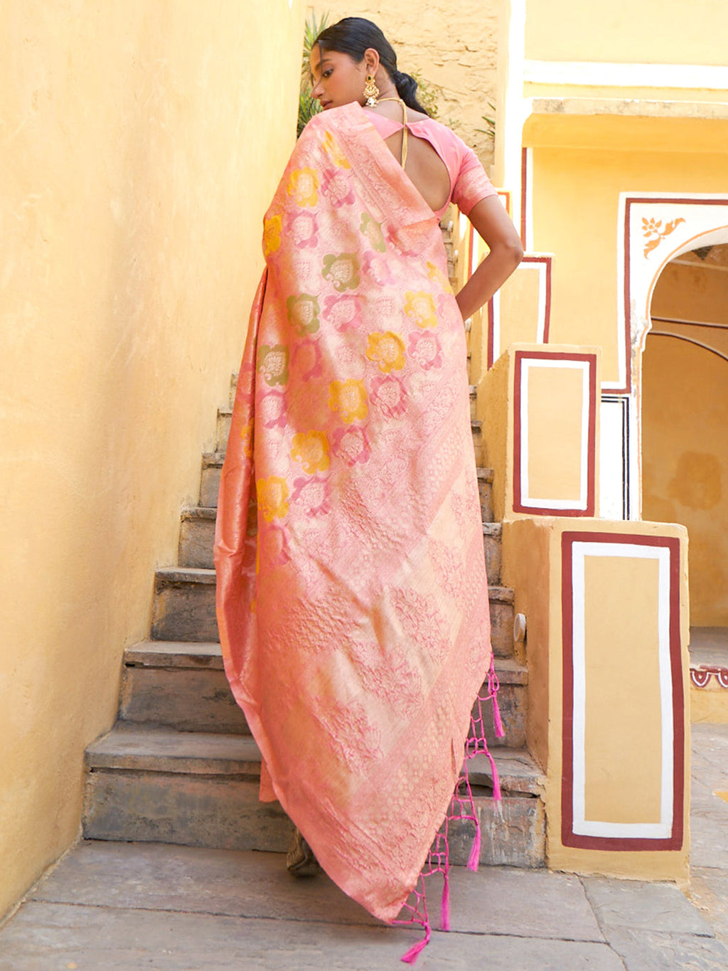 Janasya Light Pink Chanderi Silk Ethnic Motifs Woven Design Saree