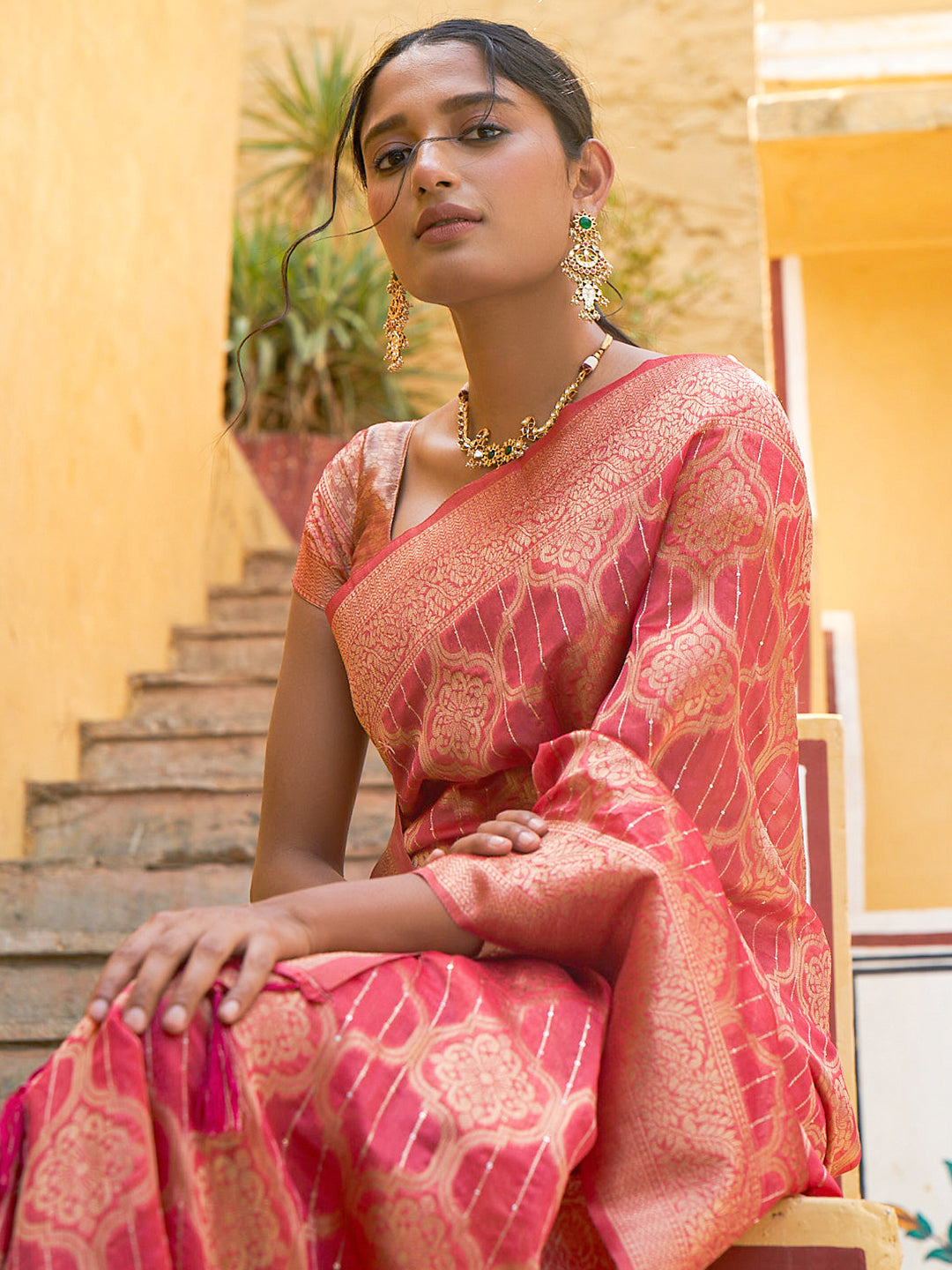 Janasya Pink Organza Woven Ethnic Motifs Kanjeevaram Saree - Distacart