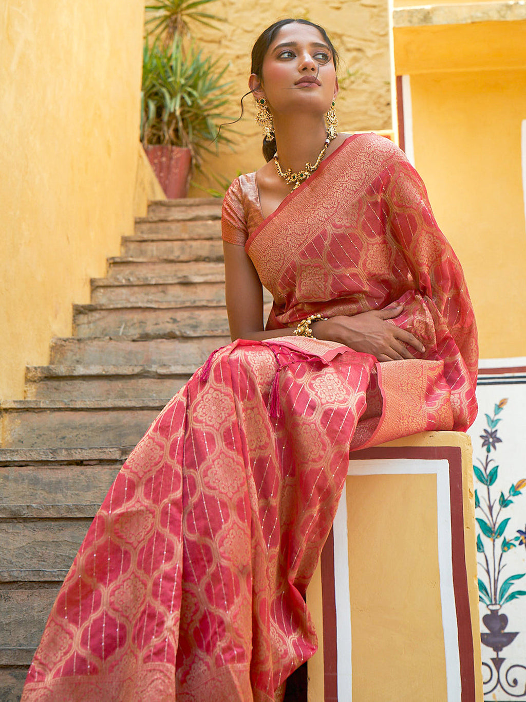 Janasya Pink Organza Woven Ethnic Motifs Kanjeevaram Saree - Distacart