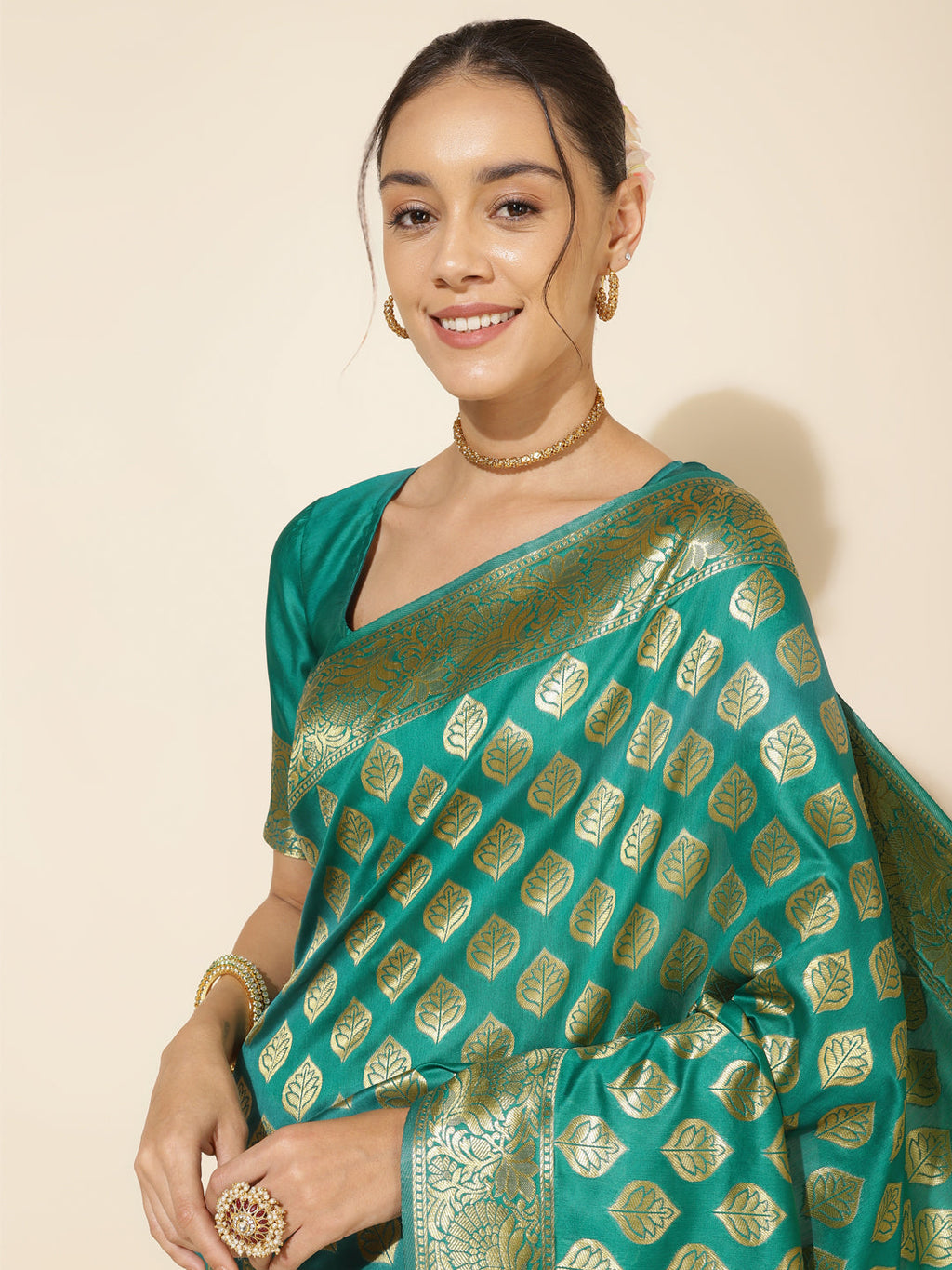 Janasya Rama Green Banarasi Silk Ethnic Motifs Woven Design Saree - Distacart