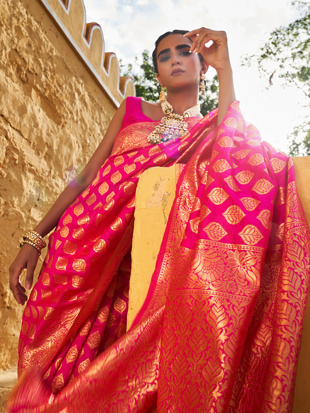 Janasya Rani Pink Banarasi Silk Ethnic Motifs Woven Design Saree