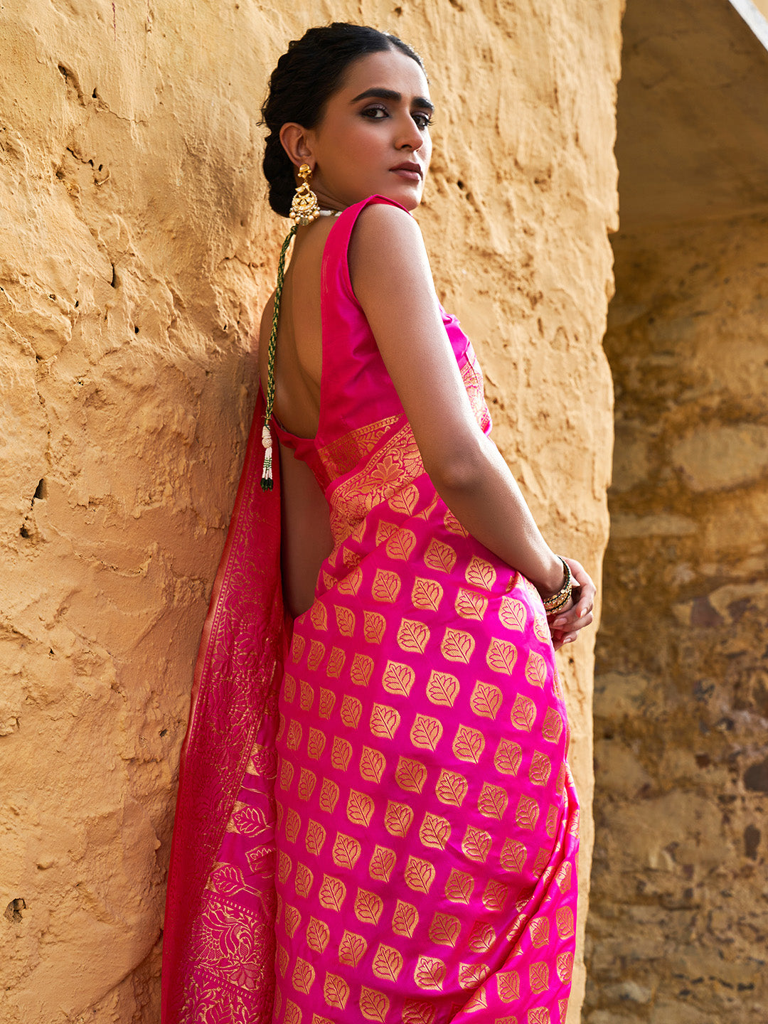 Janasya Rani Pink Banarasi Silk Ethnic Motifs Woven Design Saree