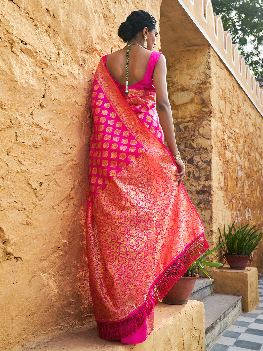 Janasya Rani Pink Banarasi Silk Ethnic Motifs Woven Design Saree