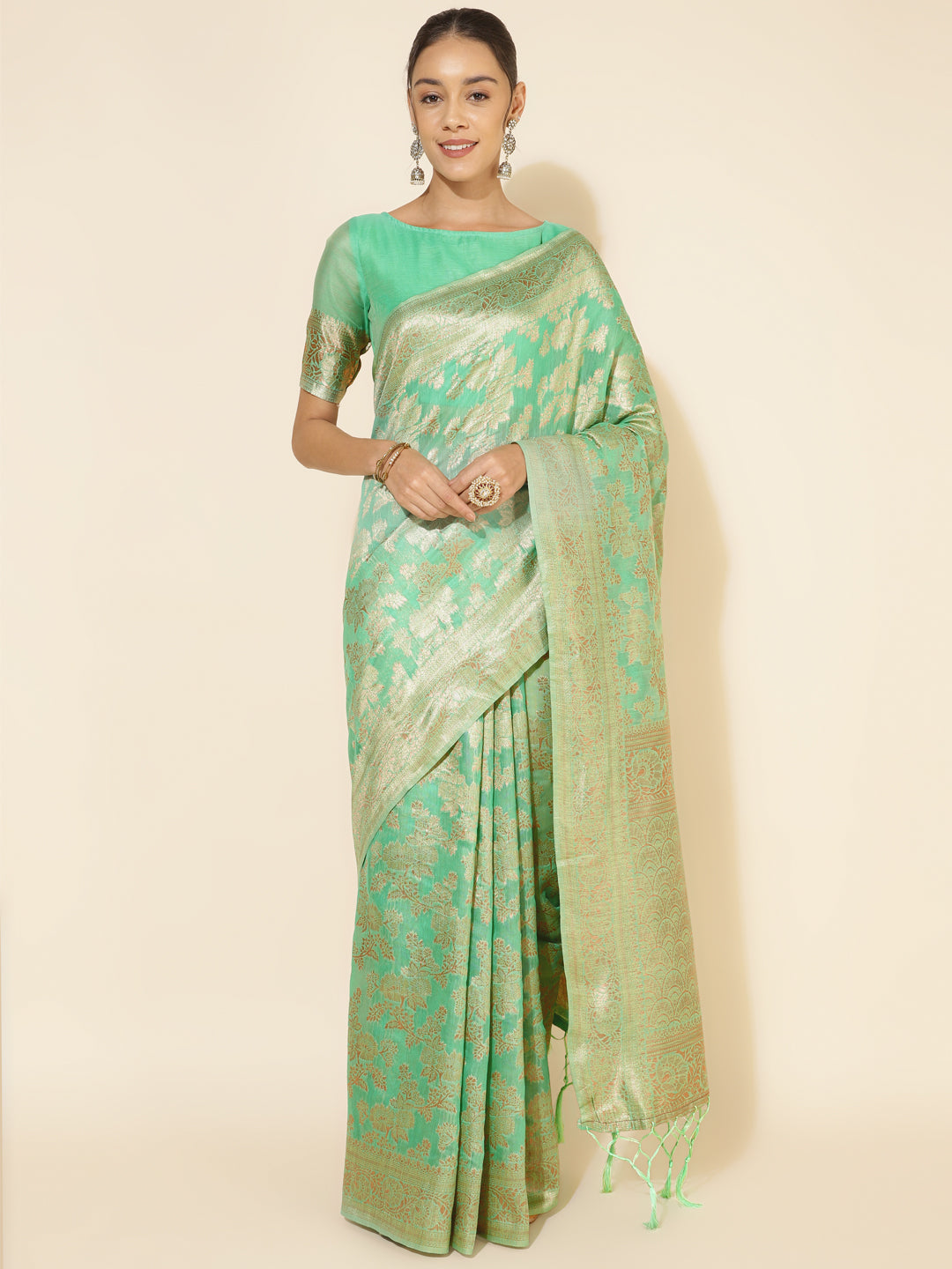 Janasya Green Chanderi Silk Floral Woven Design Saree