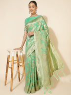 Janasya Green Chanderi Silk Floral Woven Design Saree