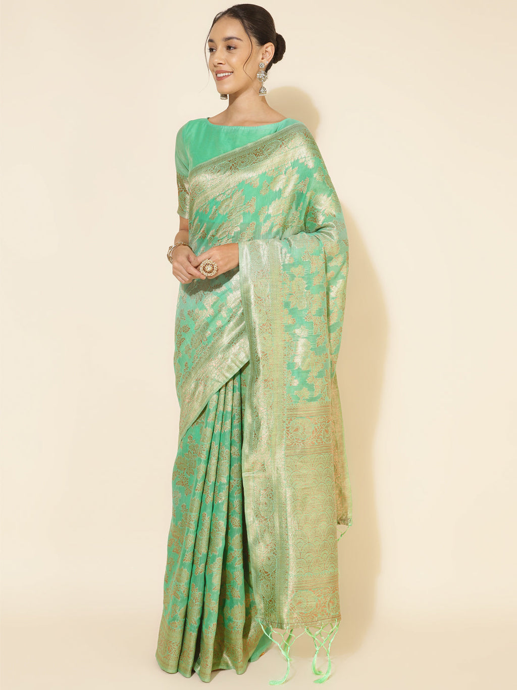 Janasya Green Chanderi Silk Floral Woven Design Saree