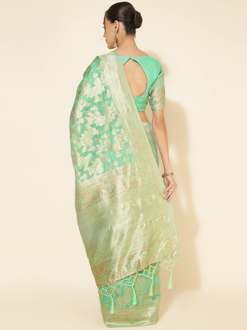 Janasya Green Chanderi Silk Floral Woven Design Saree