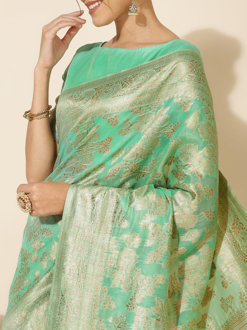 Janasya Green Chanderi Silk Floral Woven Design Saree