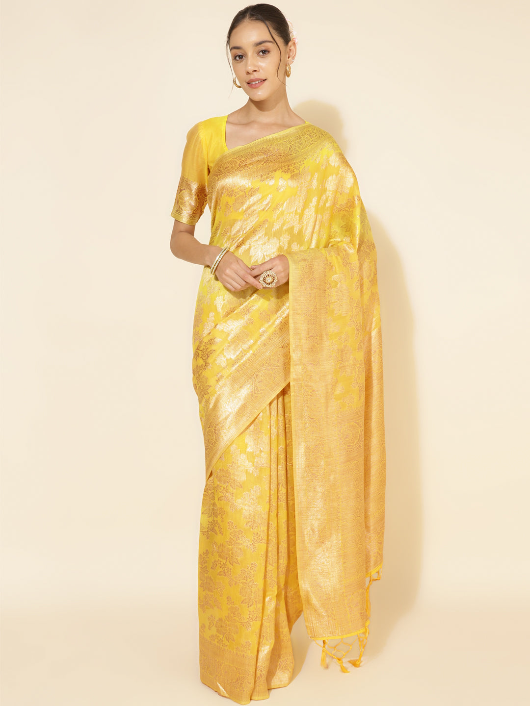 Janasya Yellow Chanderi Silk Floral Woven Design Saree
