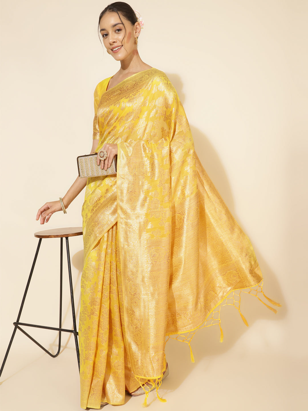 Janasya Yellow Chanderi Silk Floral Woven Design Saree