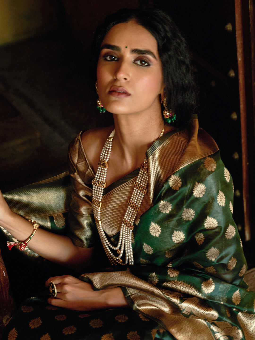 Janasya Dark Green Organza Woven Ethnic Motifs Kanjeevaram Saree - Distacart