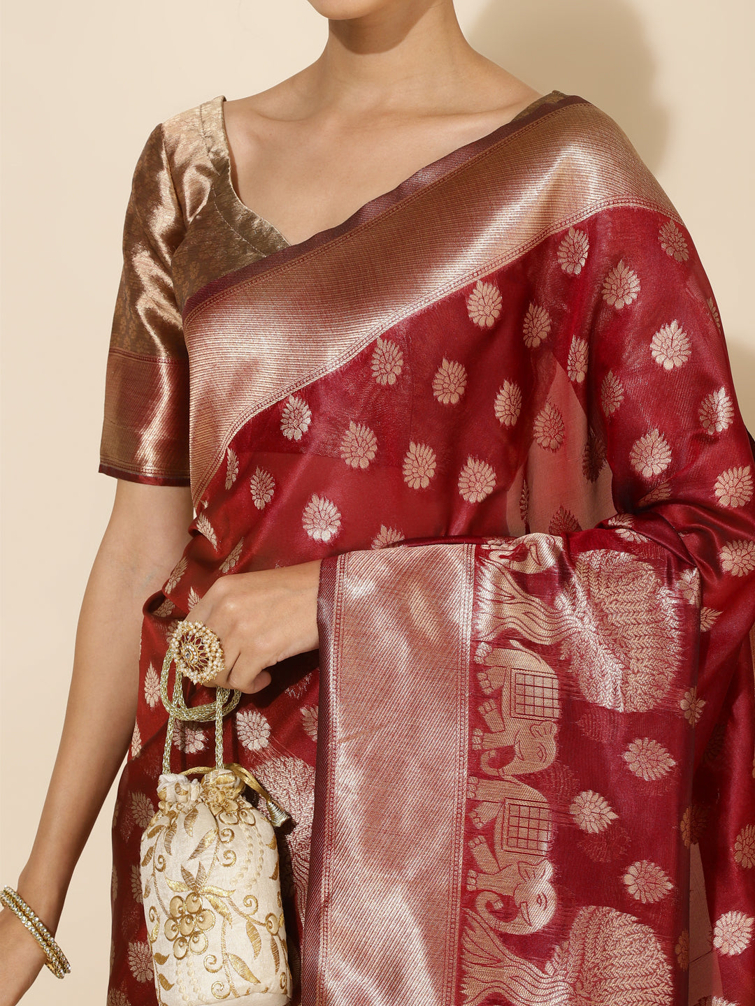 Janasya Maroon Organza Woven Ethnic Motifs Kanjeevaram Saree - Distacart