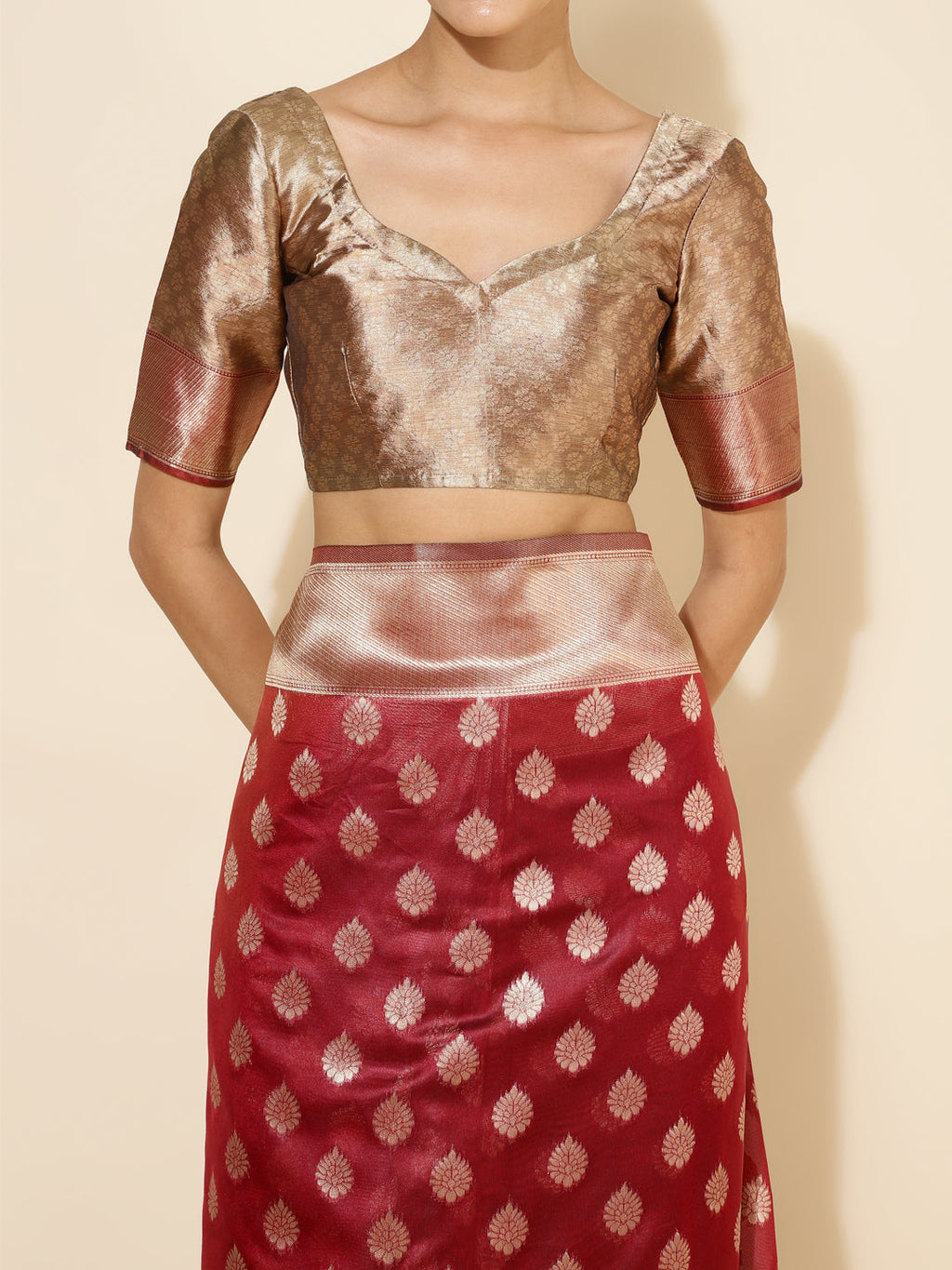 Janasya Maroon Organza Woven Ethnic Motifs Kanjeevaram Saree - Distacart