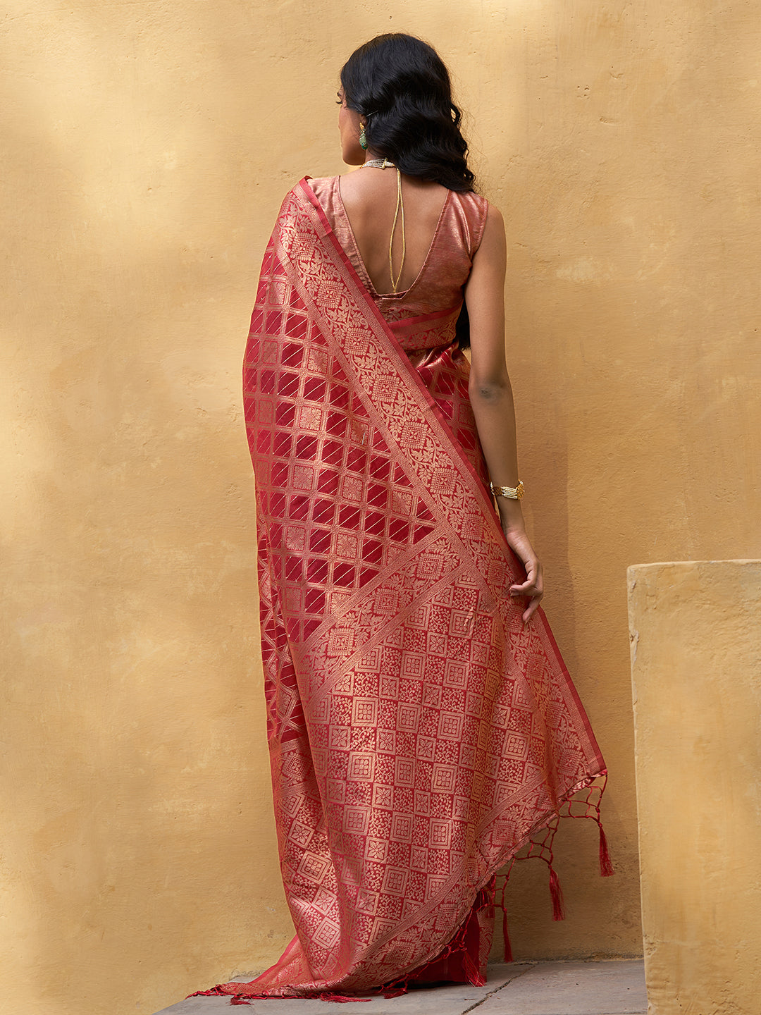 Janasya Red Organza Woven Ethnic Motifs Kanjeevaram Saree - Distacart