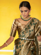 Janasya Dark Green Organza Woven Ethnic Motifs Kanjeevaram Saree - Distacart