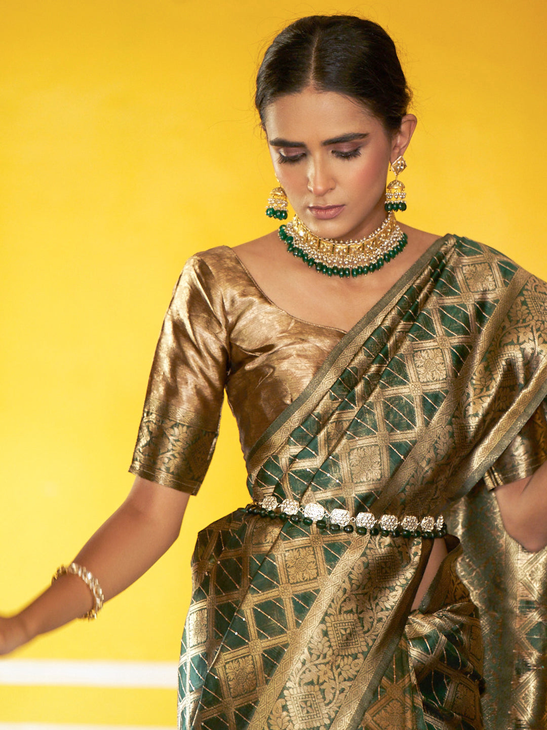 Janasya Dark Green Organza Woven Ethnic Motifs Kanjeevaram Saree - Distacart