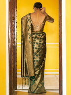 Janasya Dark Green Organza Woven Ethnic Motifs Kanjeevaram Saree - Distacart