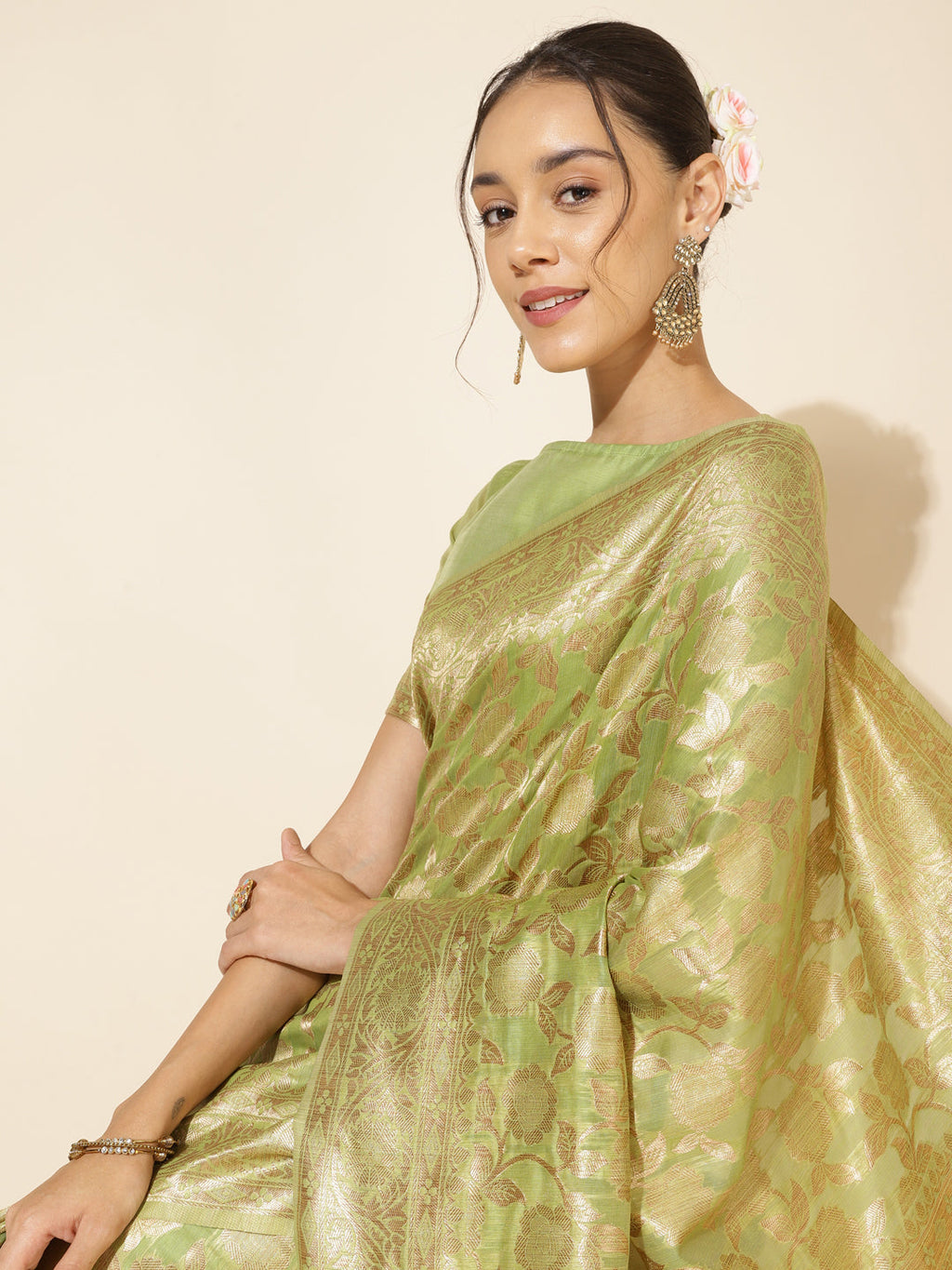 Janasya Light Green Chanderi Silk Floral Woven Design Saree - Distacart