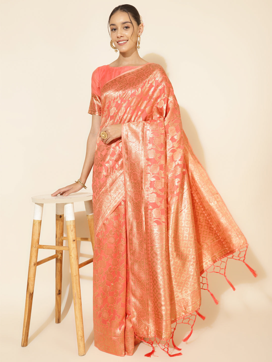 Janasya Peach Chanderi Silk Floral Woven Design Saree - Distacart