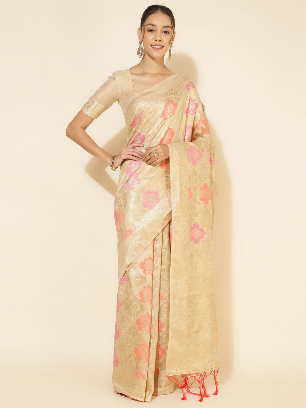 Janasya Cream Chanderi Silk Ethnic Motifs Woven Design Saree