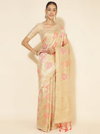 Janasya Cream Chanderi Silk Ethnic Motifs Woven Design Saree