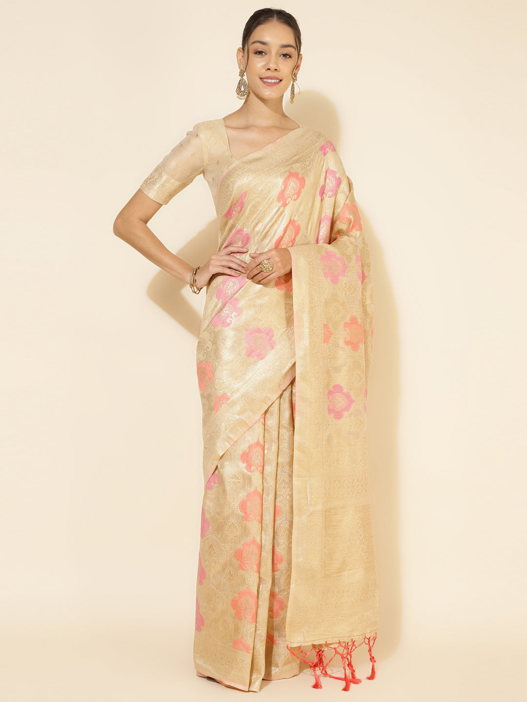 Janasya Cream Chanderi Silk Ethnic Motifs Woven Design Saree
