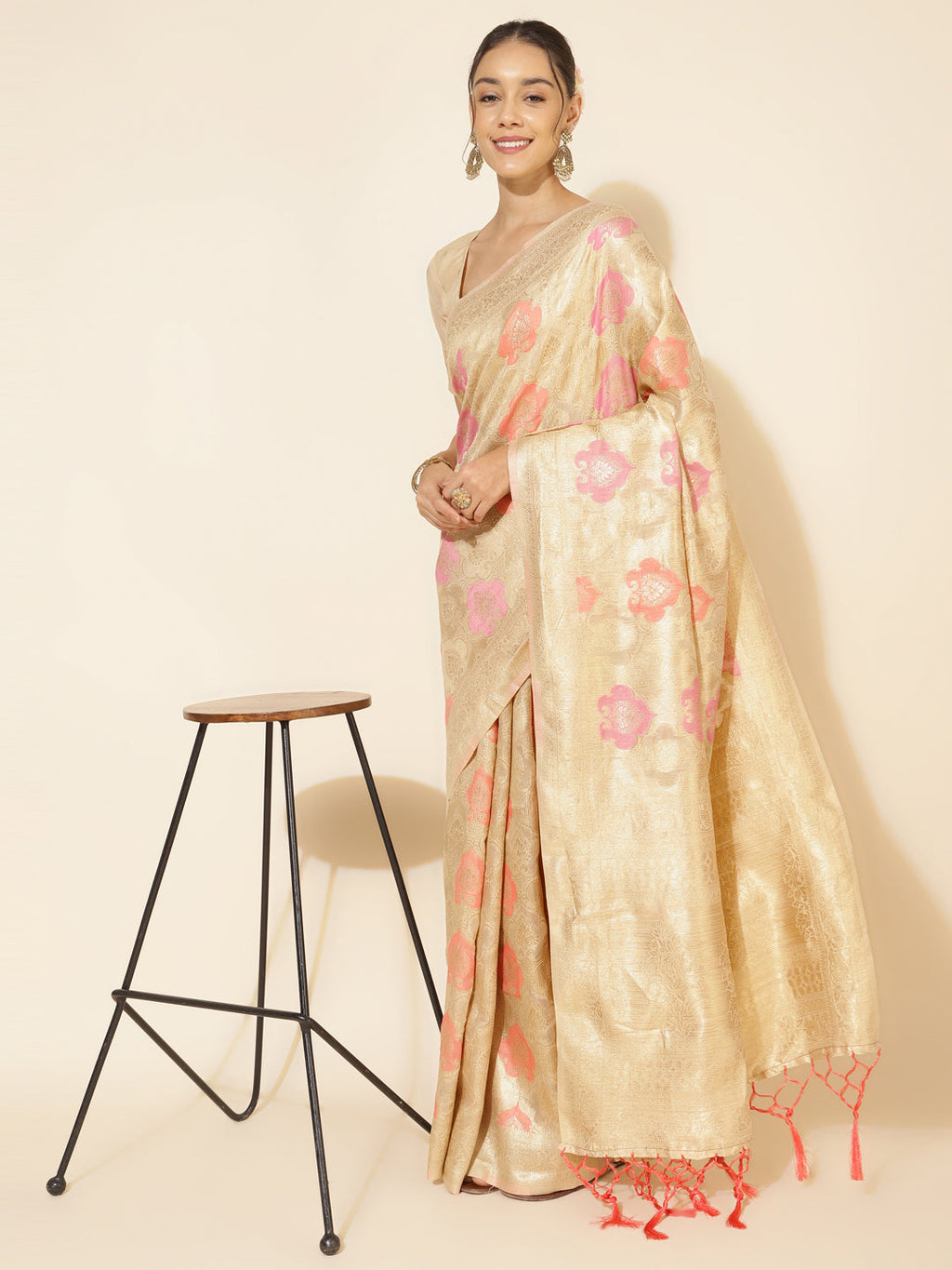 Janasya Cream Chanderi Silk Ethnic Motifs Woven Design Saree