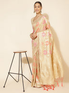 Janasya Cream Chanderi Silk Ethnic Motifs Woven Design Saree