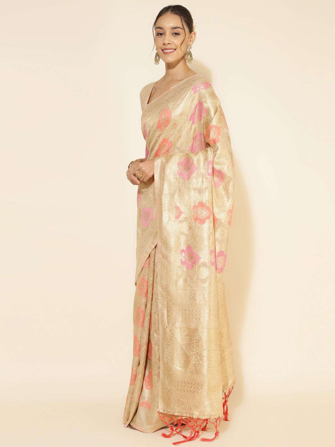 Janasya Cream Chanderi Silk Ethnic Motifs Woven Design Saree