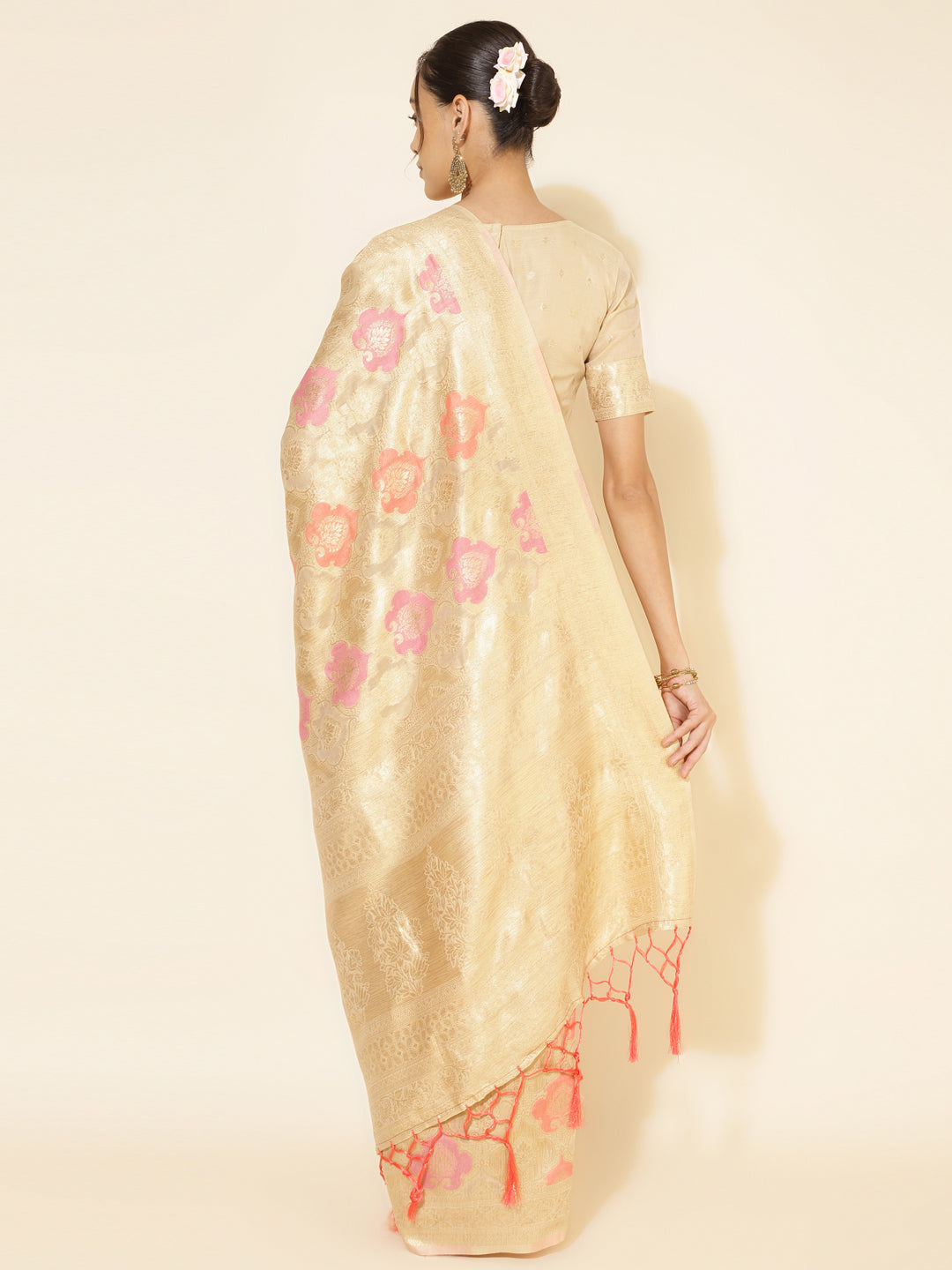 Janasya Cream Chanderi Silk Ethnic Motifs Woven Design Saree