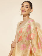 Janasya Cream Chanderi Silk Ethnic Motifs Woven Design Saree