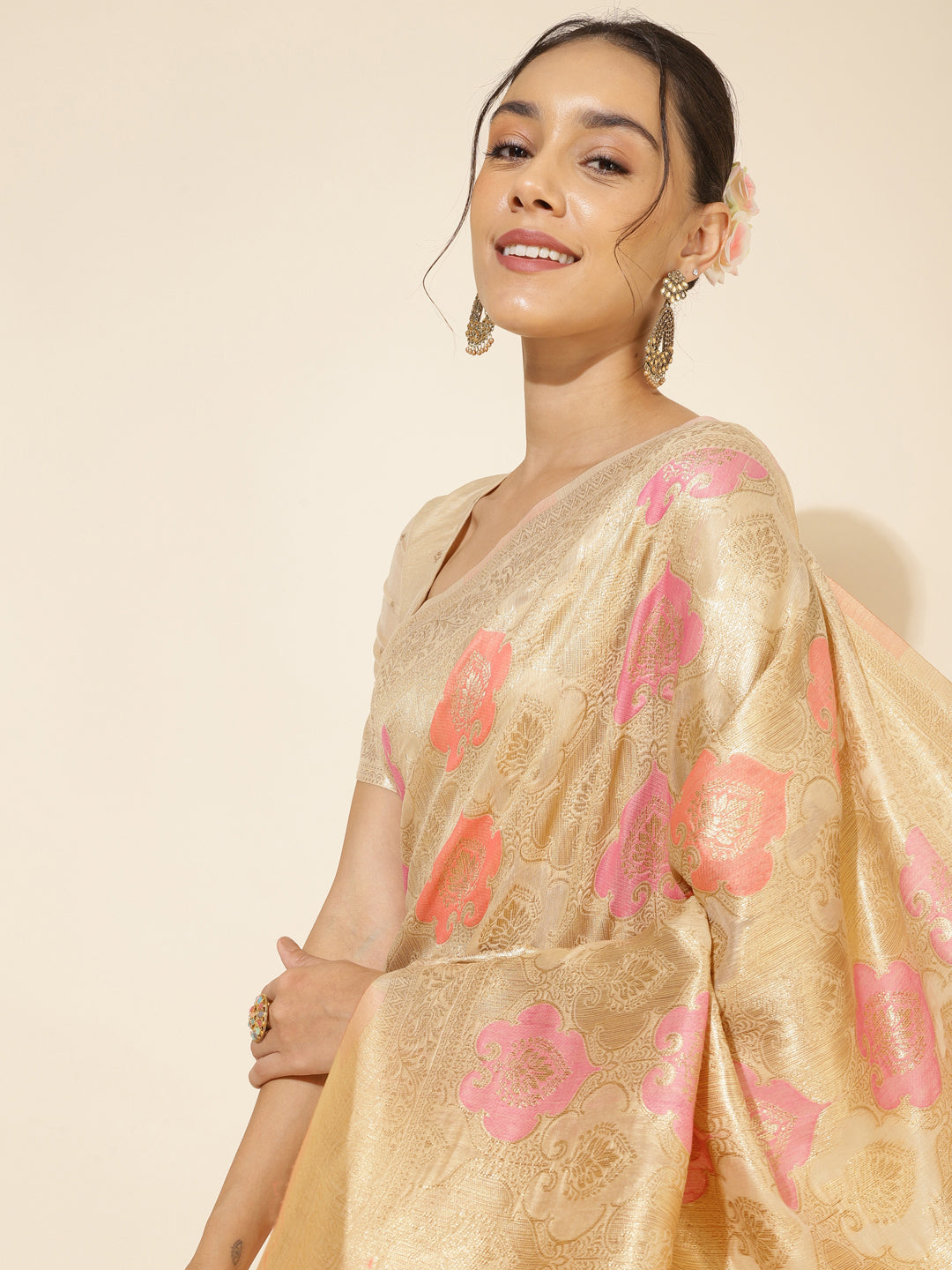 Janasya Cream Chanderi Silk Ethnic Motifs Woven Design Saree