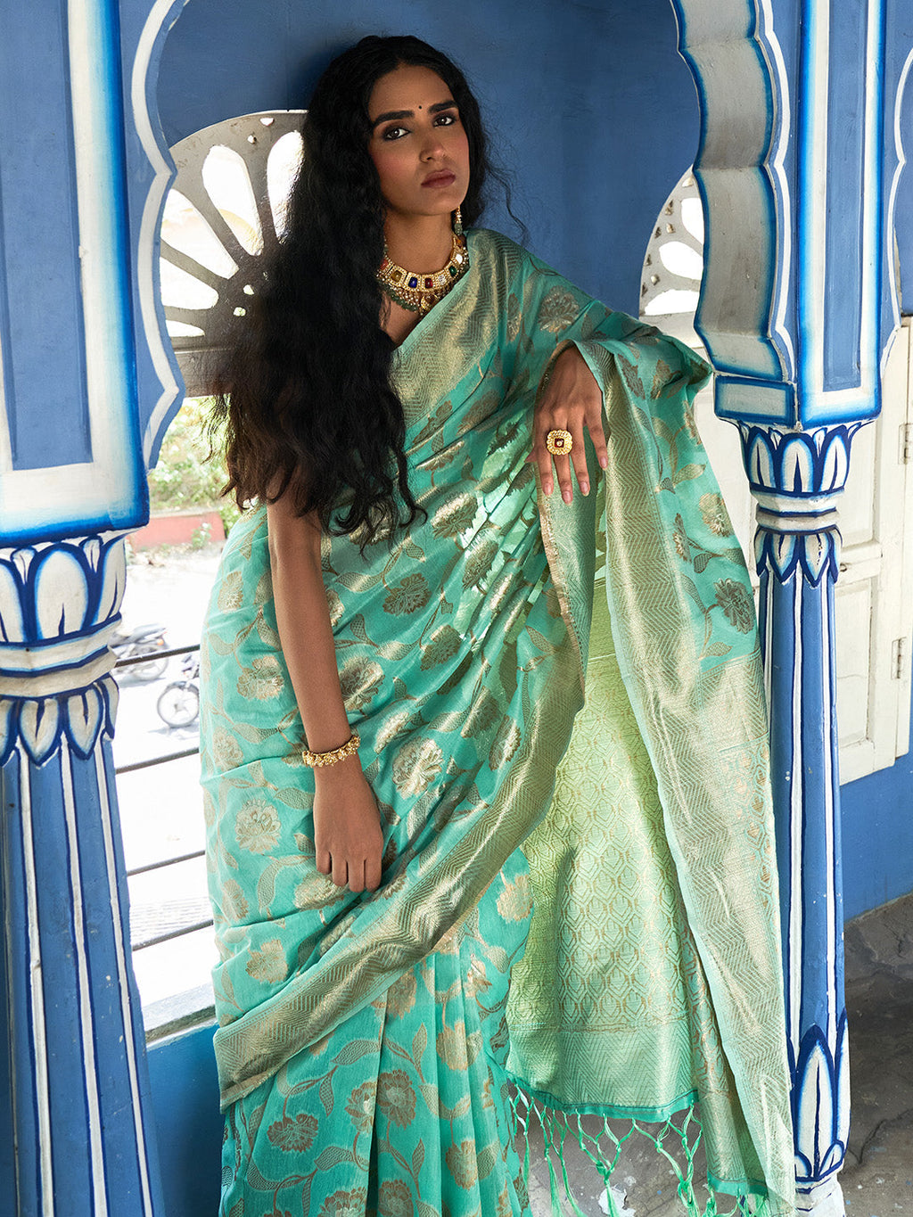 Janasya Sea Green Chanderi Silk Floral Woven Design Saree - Distacart
