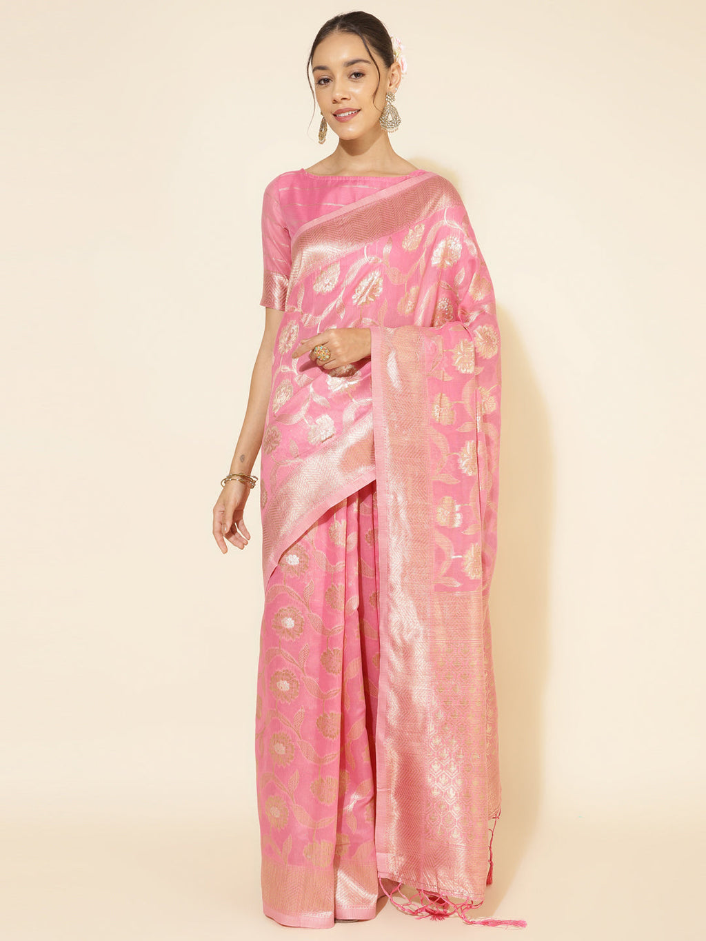 Janasya Pink Chanderi Silk Floral Woven Design Saree