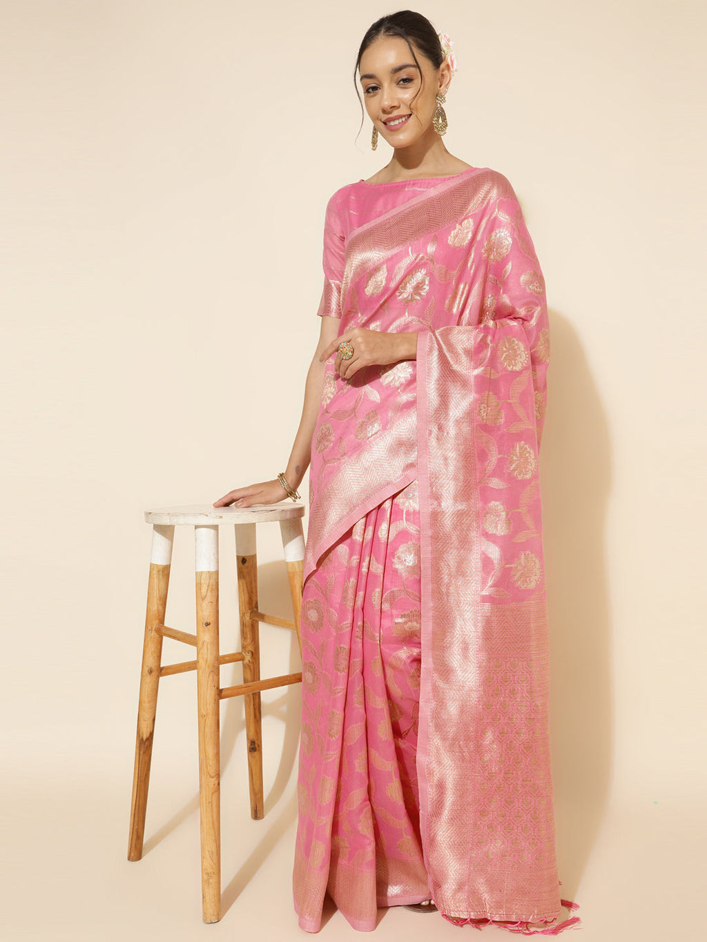 Janasya Pink Chanderi Silk Floral Woven Design Saree
