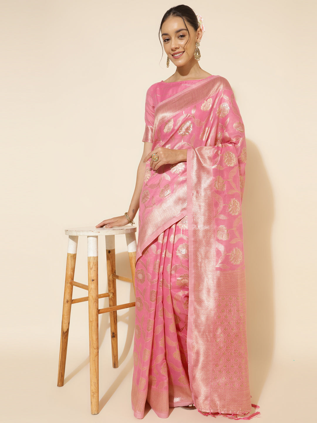 Janasya Pink Chanderi Silk Floral Woven Design Saree