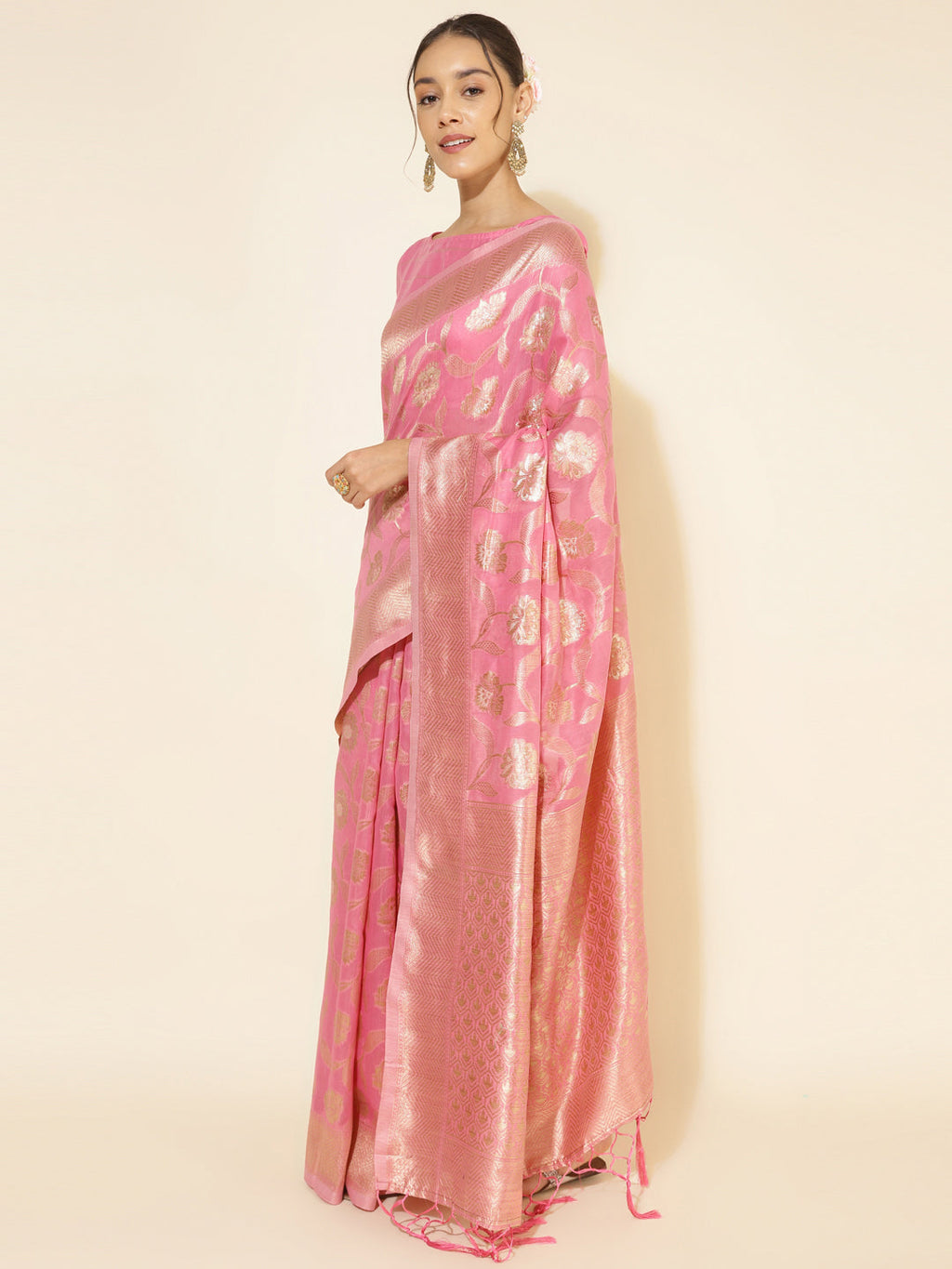 Janasya Pink Chanderi Silk Floral Woven Design Saree