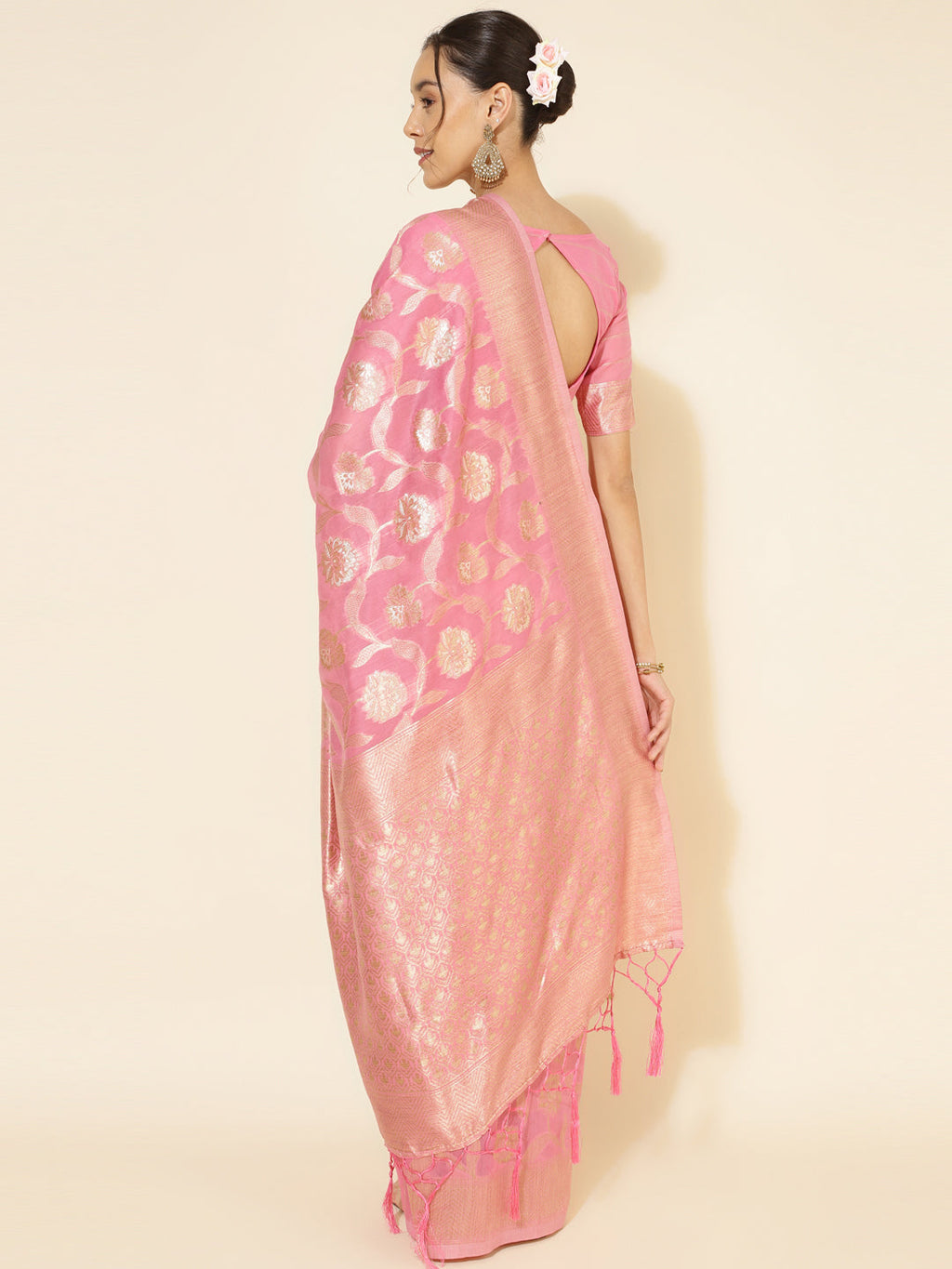Janasya Pink Chanderi Silk Floral Woven Design Saree