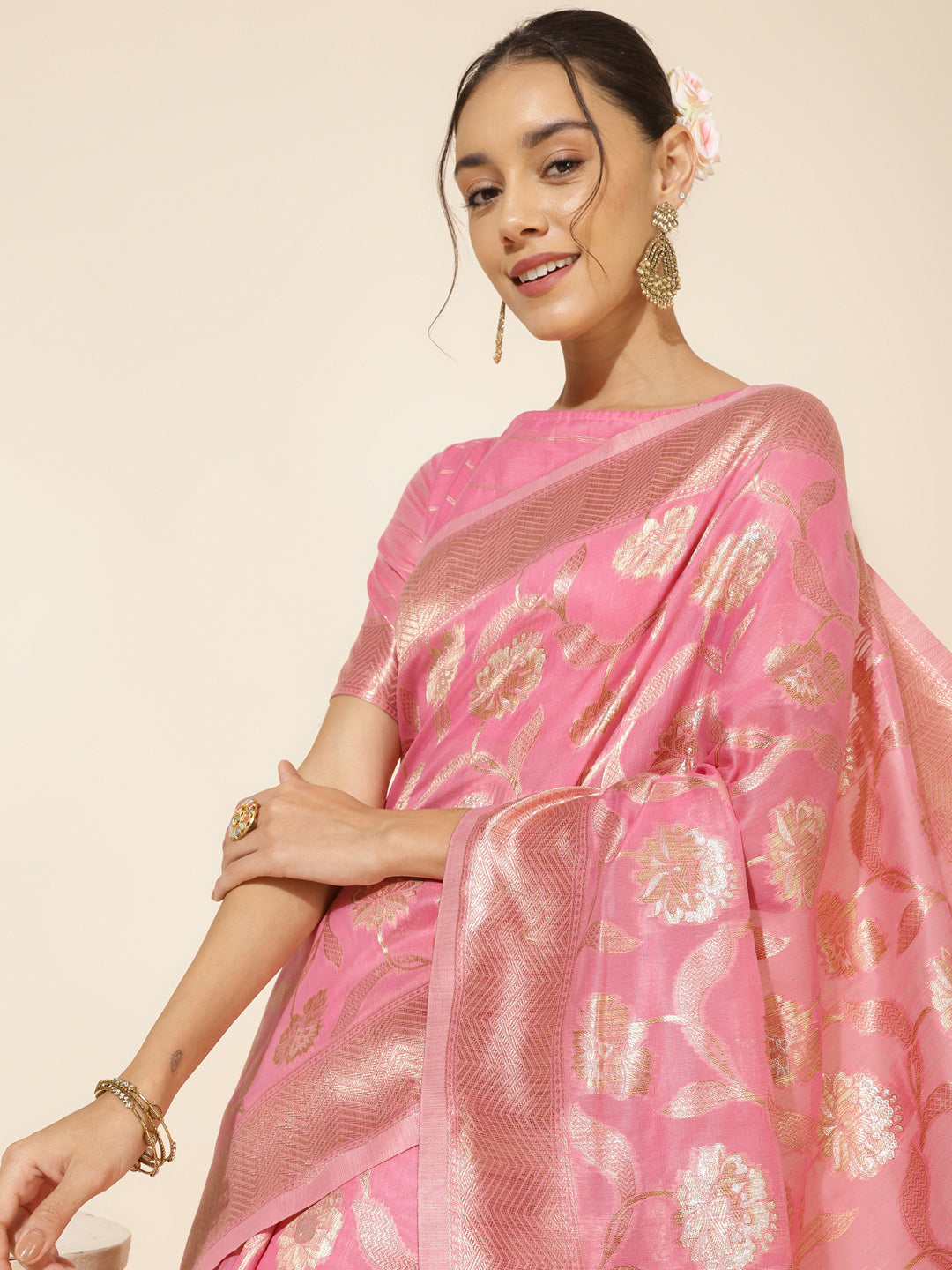 Janasya Pink Chanderi Silk Floral Woven Design Saree