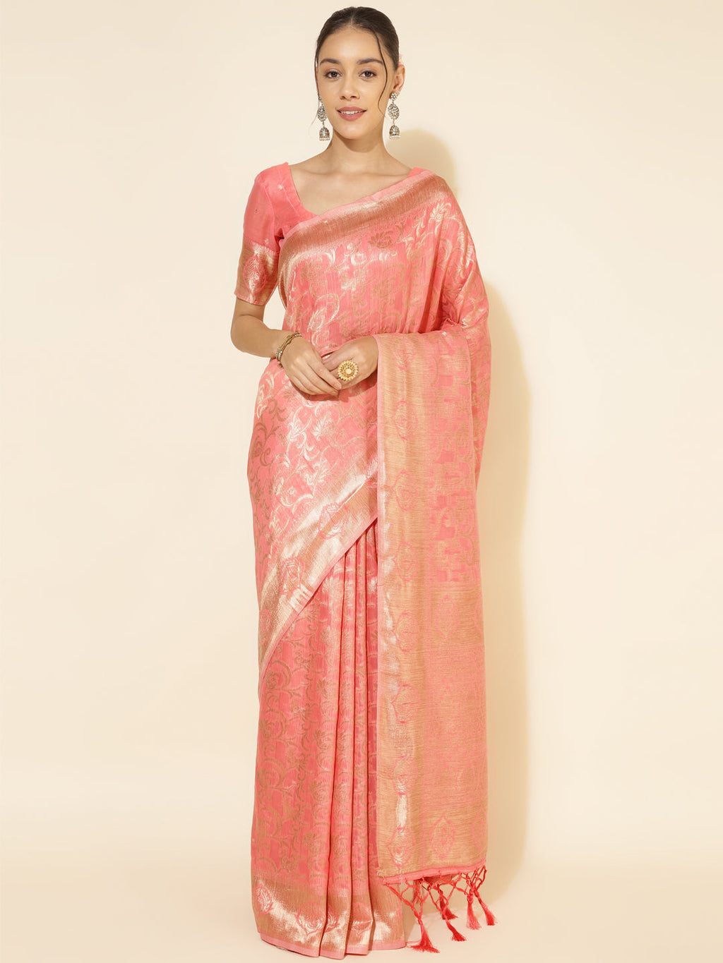 Janasya Peach Chanderi Silk Floral Woven Design Saree